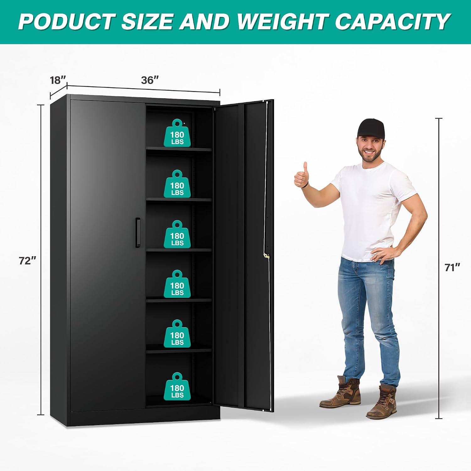 Wide & Deep Metal Storage Cabinet With 2 Doors And 5 Adjustable Shelves,72X36X18 Garage Storage Cabinet,Tall Black Locking Metal Cabinets With Lock,Steel Locked Cabinets For Home,Office,Garage