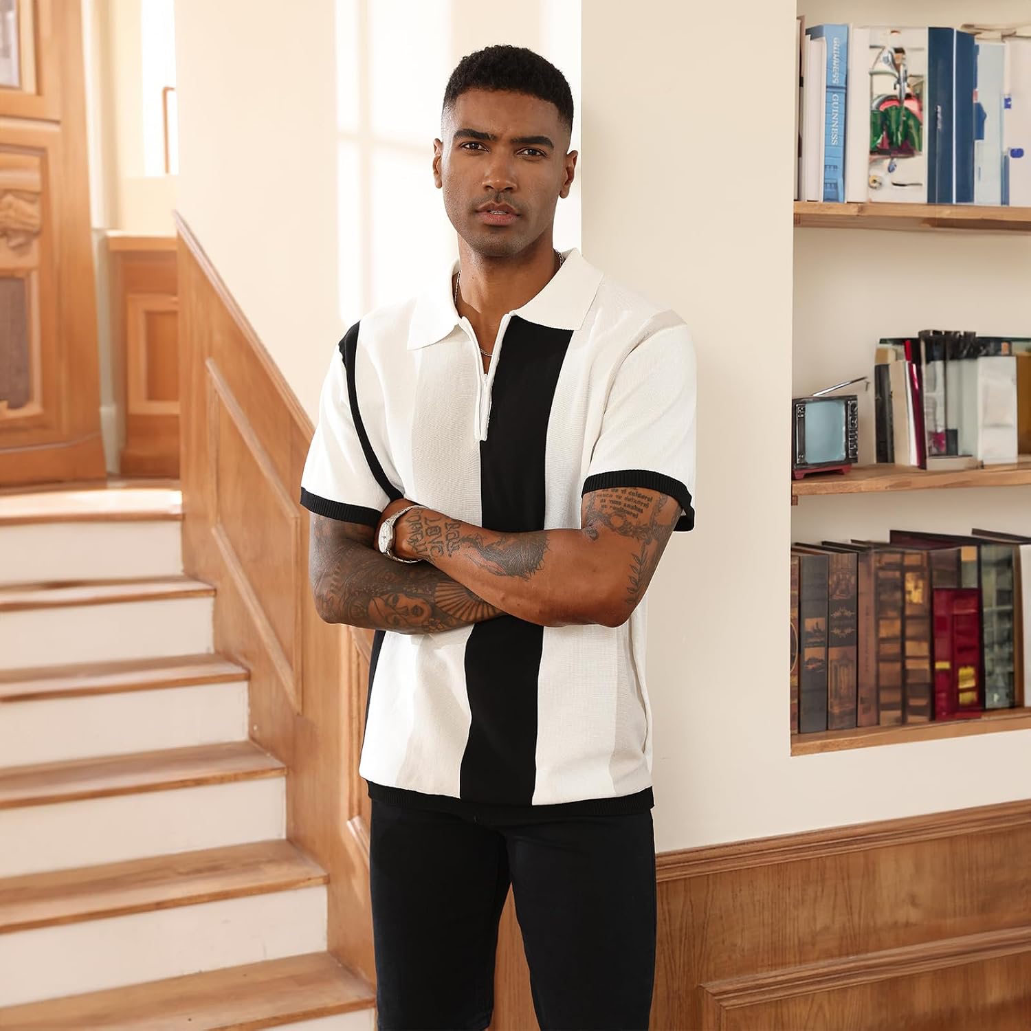 Men'S Fashion Polo Shirts Vintage Striped Knitting Shirts Casual Slim Fit Golf Shirts