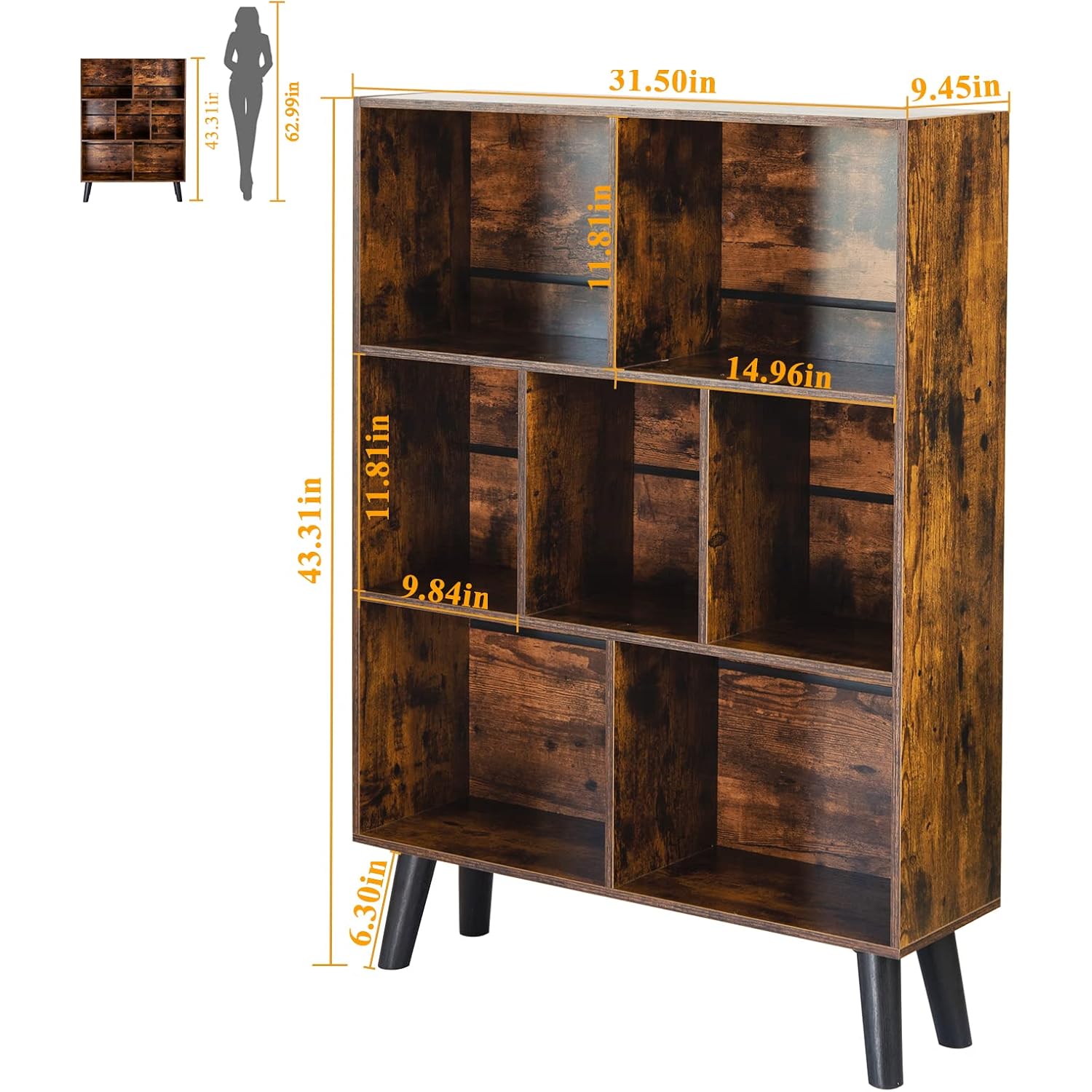 Leyaoyao Cube Bookshelf 3 Tier Mid-Century Rustic Brown Modern Bookcase With Legs,Retro Wood Bookshelves Storage Organizer Shelf,Freestanding Open Book Shelves For Bedroom,Living Room,Office