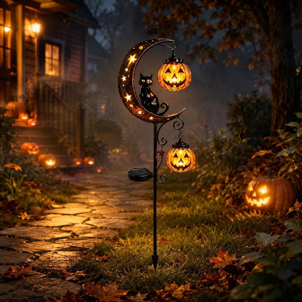 Solar Halloween Black Cat & Pumpkin Moon Garden Stake Light, Outdoor Waterproof Led Yard Decoration With Crescent Moon, Hanging Jack-O'-Lantern Lantern For Garden, Patio, Walkway, Porch (Style C)
