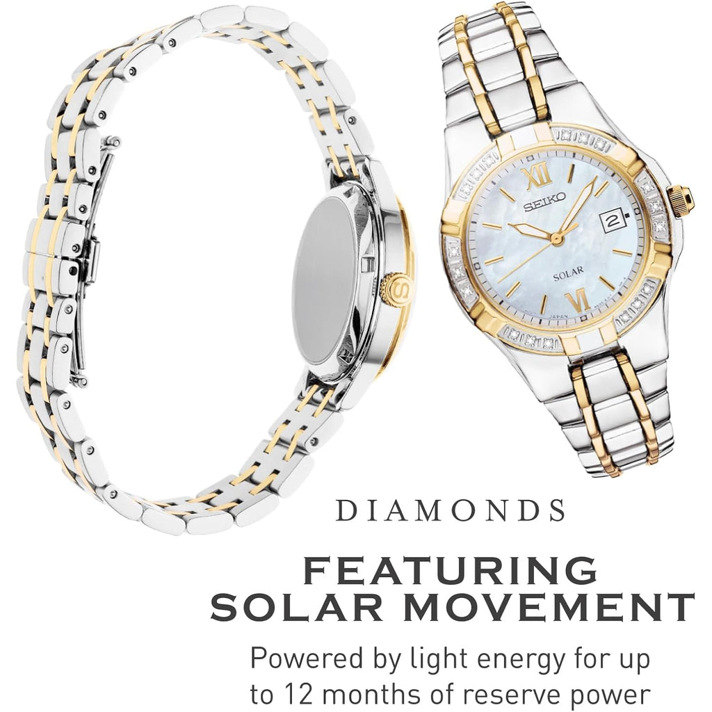 Seiko Sut068 Watch For Women - Diamond Collection - With 18 Diamond Accents, Solar Power, Mother-Of-Pearl Dial, Two-Tone Gold Stainless Steel Case & Bracelet, And Water-Resistant To 50M