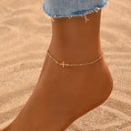 NONAMOIS Ankle Bracelets for Women Dainty 18K Gold Plated Anklet Waterproof Round Beaded Paperclip Herringbone Pearl Chain Anklets Waterproof Beach Foot Jewelry