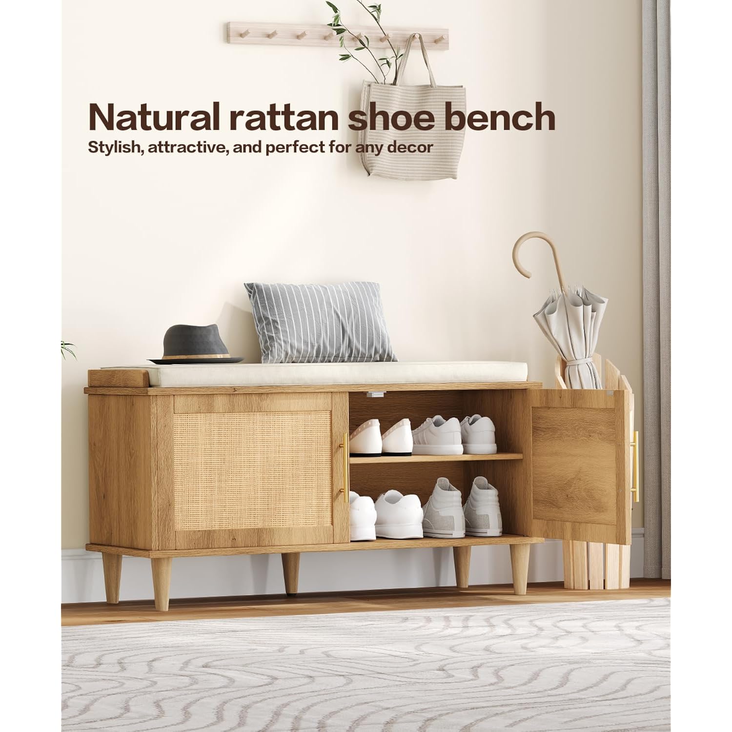 Rattan Shoe Storage Bench With Cushion, 2-Tier Entryway Bench With Adjustable Shelves And 2 Doors, 15" D X 39.4" W X 20" H, Solid Wood Legs, For Hallway, Living Room, Bedroom, Natural Oak