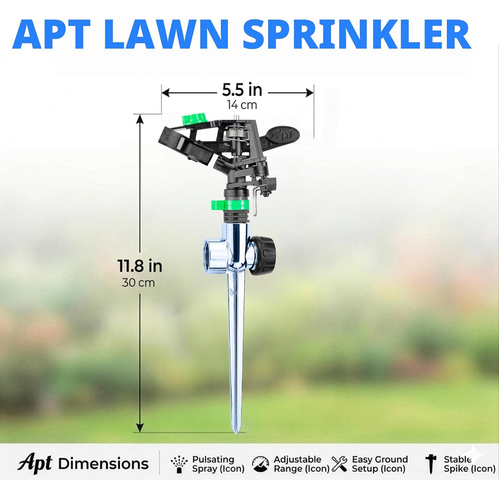 Apt Sprinklers For Yard Lawn & Garden| 80 To 5800 Sq Ft Adjustable (2-Pack) | Pulsating Impact Rotating Custom Pattern Commercial Farming Grade Water Saving Sprinkler With 4X Larger Droplets