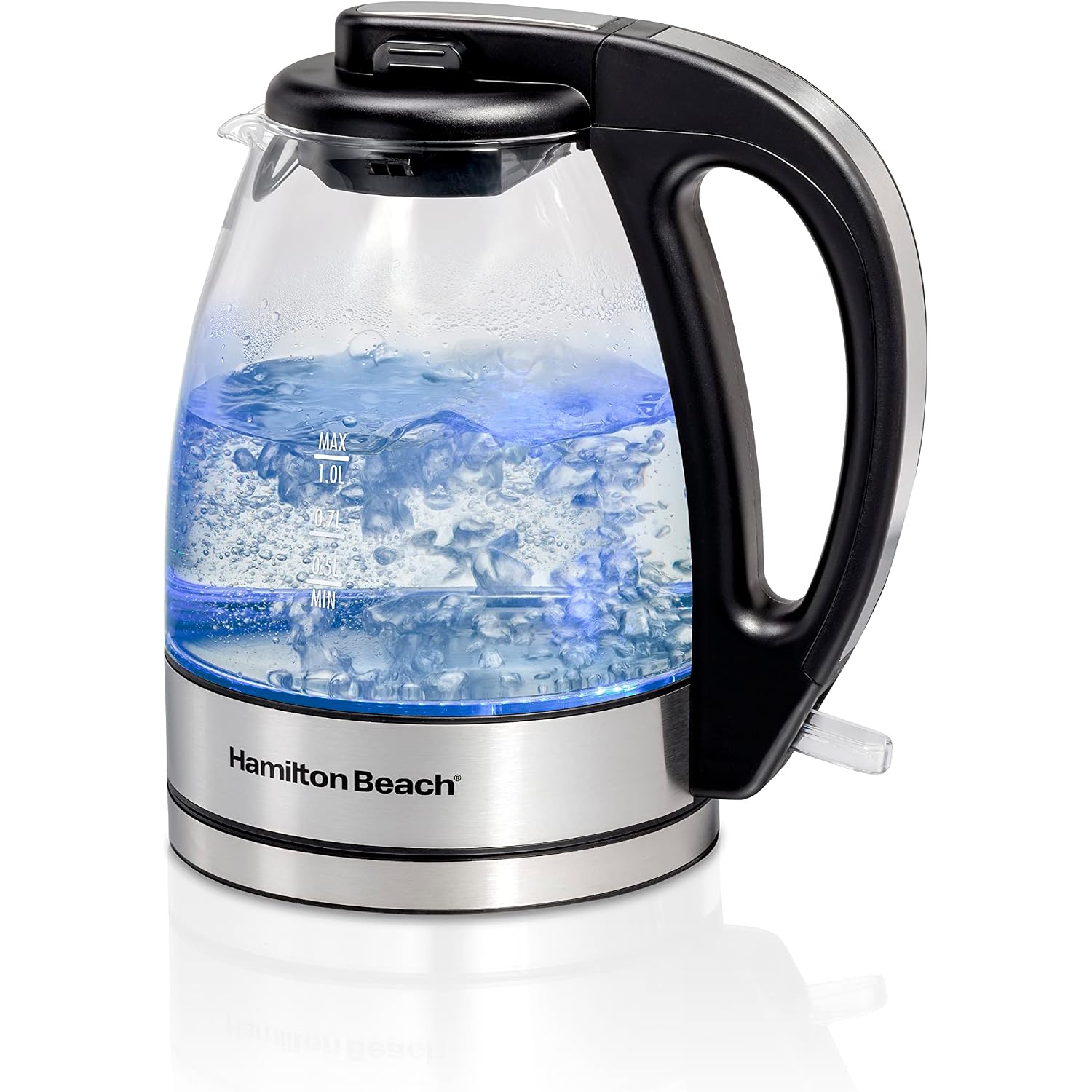 Hamilton Beach 1 Liter Electric Tea Kettle, Water Boiler & Heater | Fast Boiling 1500 Watts | Bpa Free | Cordless Serving | Auto-Shutoff & Boil-Dry Protection | Blue Led | Clear Glass