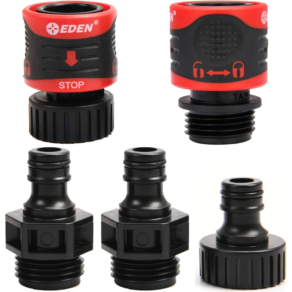 Eden 95210 Premium Garden Hose Quick Connect Set | 5-Piece Snap & Lock Fittings With Water Stop & Secure Twist-Lock Design