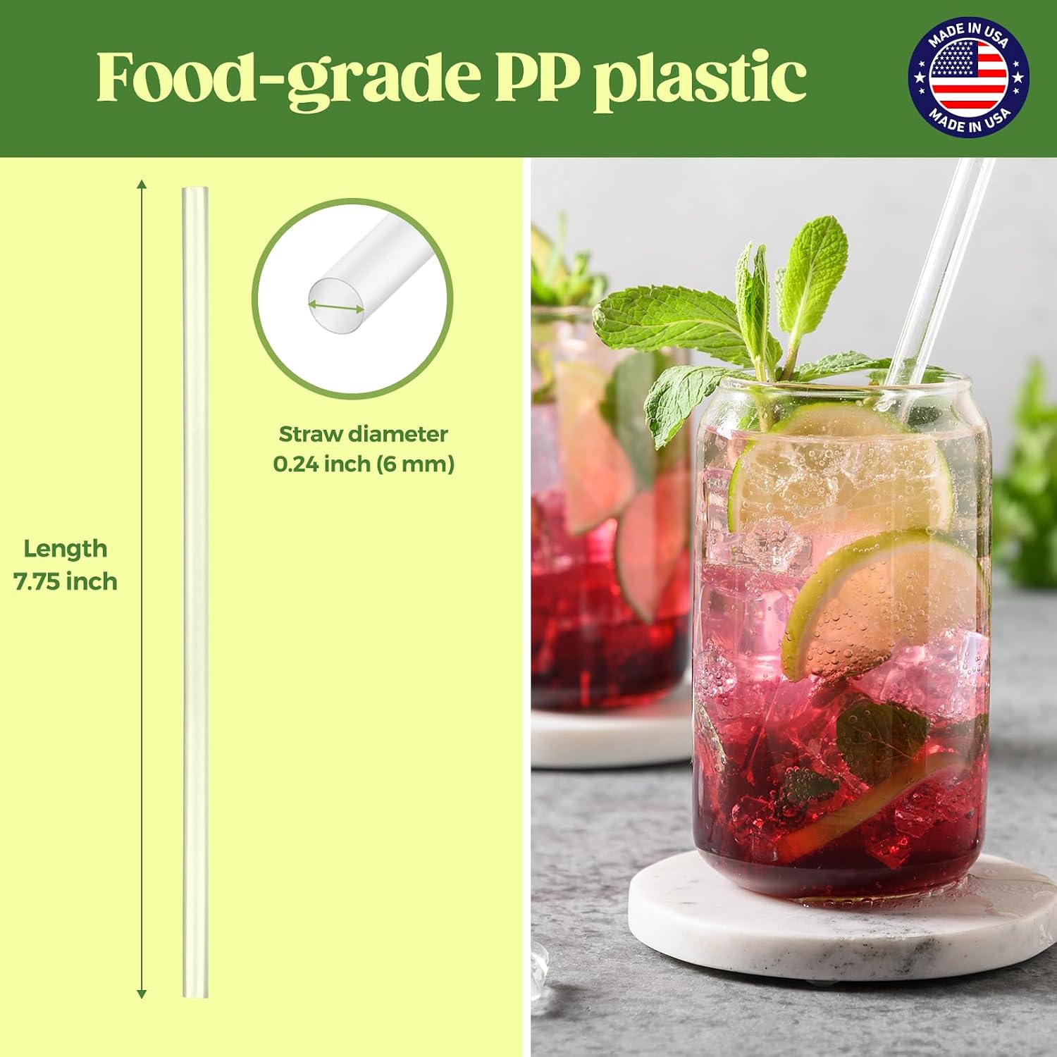 Glotoch Express 500Pcs Individually Wrapped Clear Plastic Straws, 7.75'' Long, 0.24'' Diameter Disposable Drinking Straws For Every Occasion, Party, Made In Usa