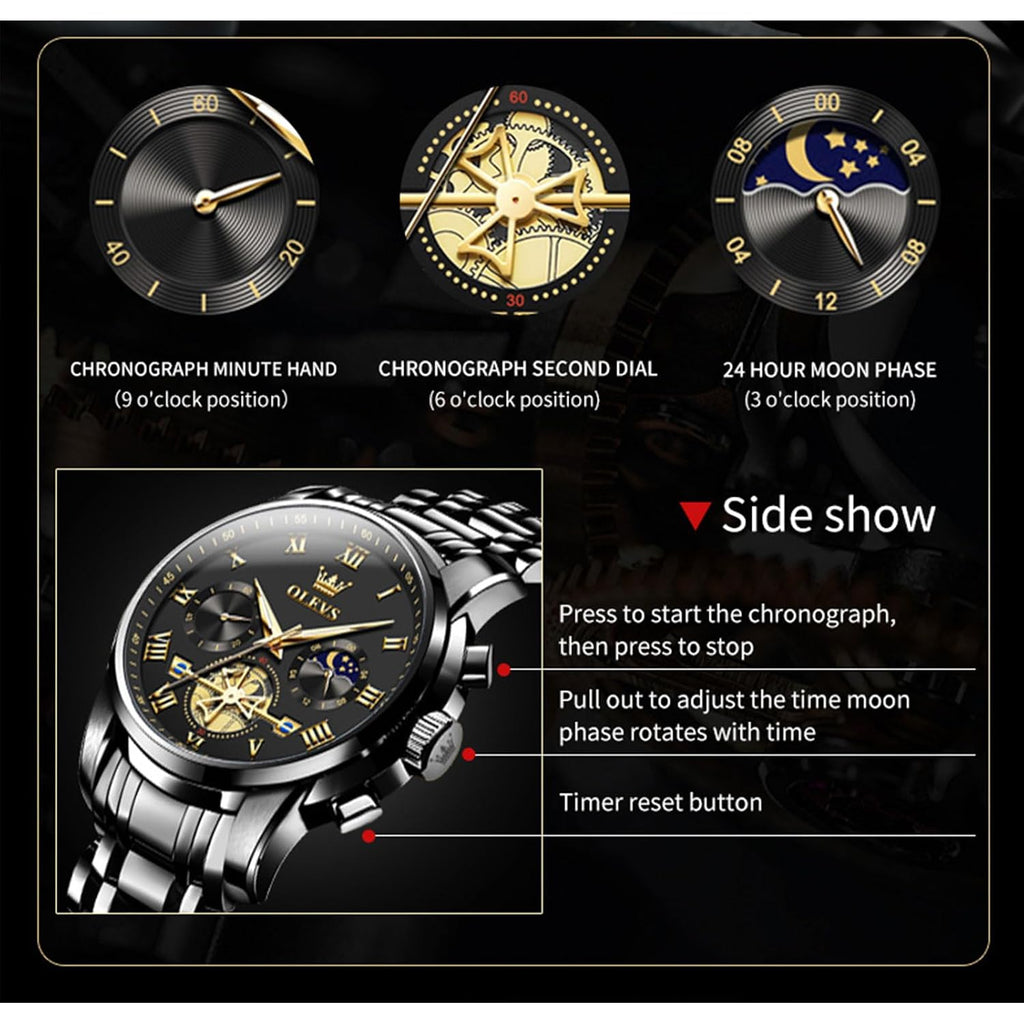 Olevs Watches Men Waterproof Luxury Big Face Mens Watch Stainless Steel Quartz Analog Dress Watches For Men Luminous Multifunction Man Watch Relojes De Hombre