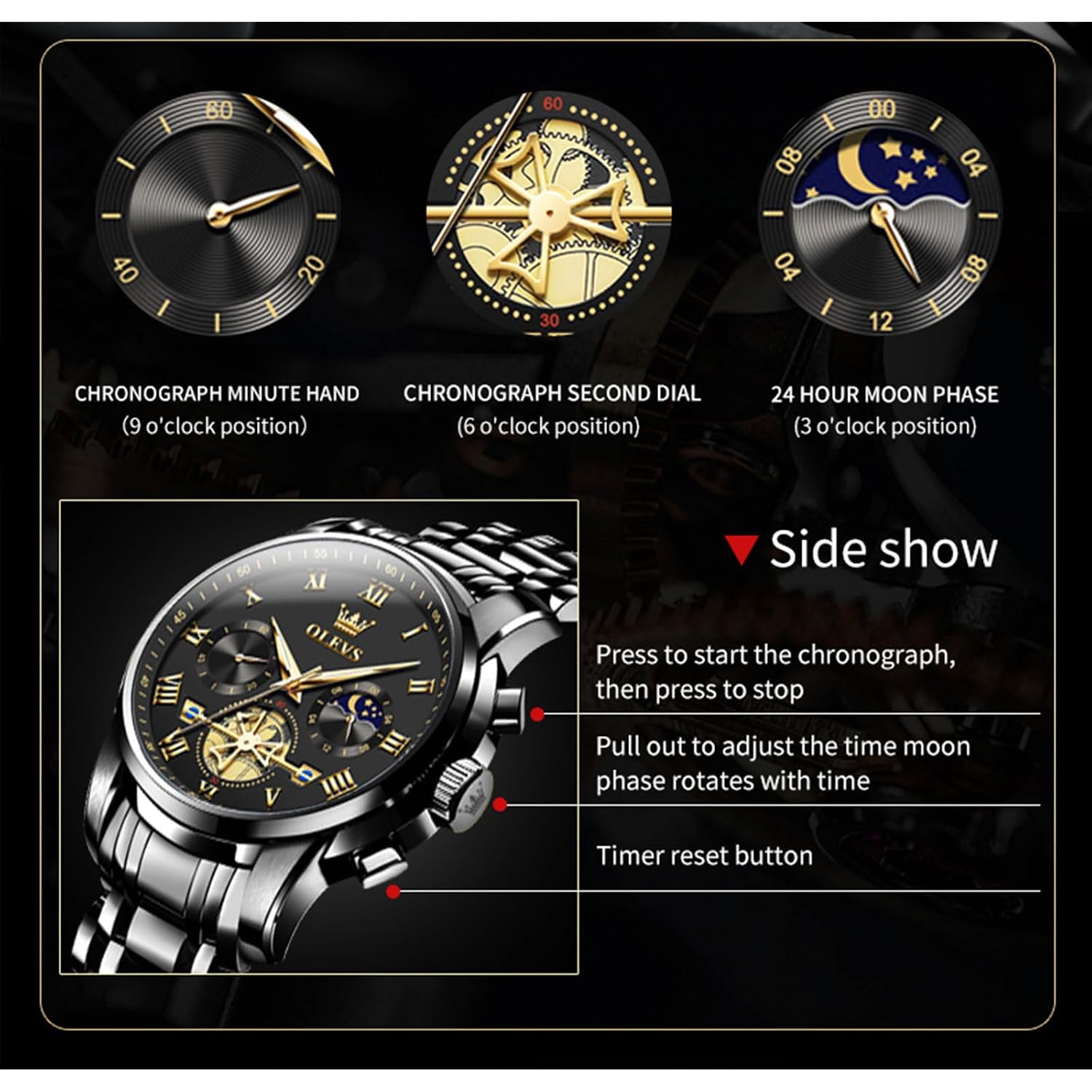 Olevs Watches Men Waterproof Luxury Big Face Mens Watch Stainless Steel Quartz Analog Dress Watches For Men Luminous Multifunction Man Watch Relojes De Hombre