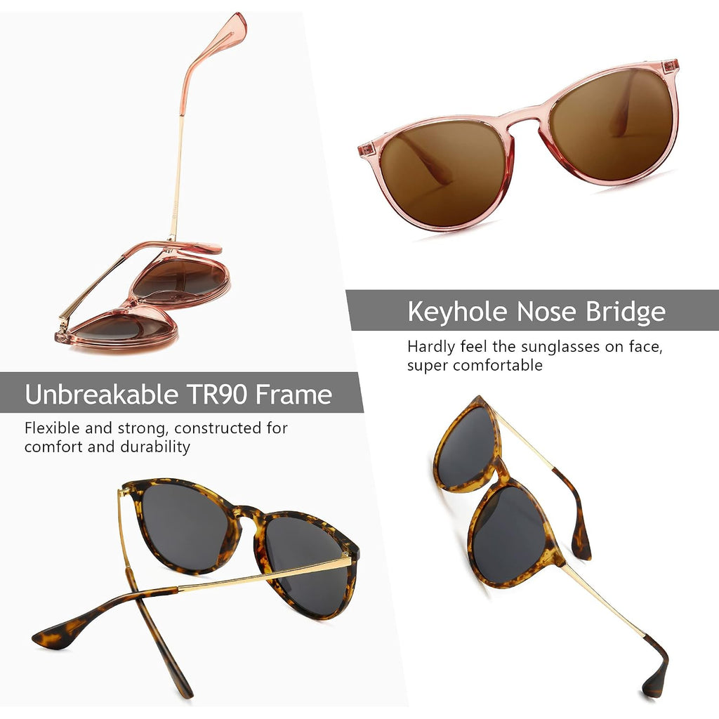 SUNGAIT Premium Vintage Round Sunglasses for Women Men Classic Retro Trendy Style 3 Pack (Polarized): Matte Black/Gray+glossy Pink Brown/Light-brown+matte Amber/Gray
