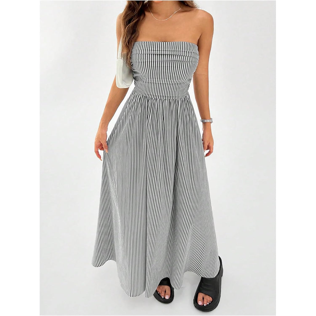 Milumia Women'S Striped Strapless Maxi Dress Summer Casual Tube Top Long Dresses With Pocket