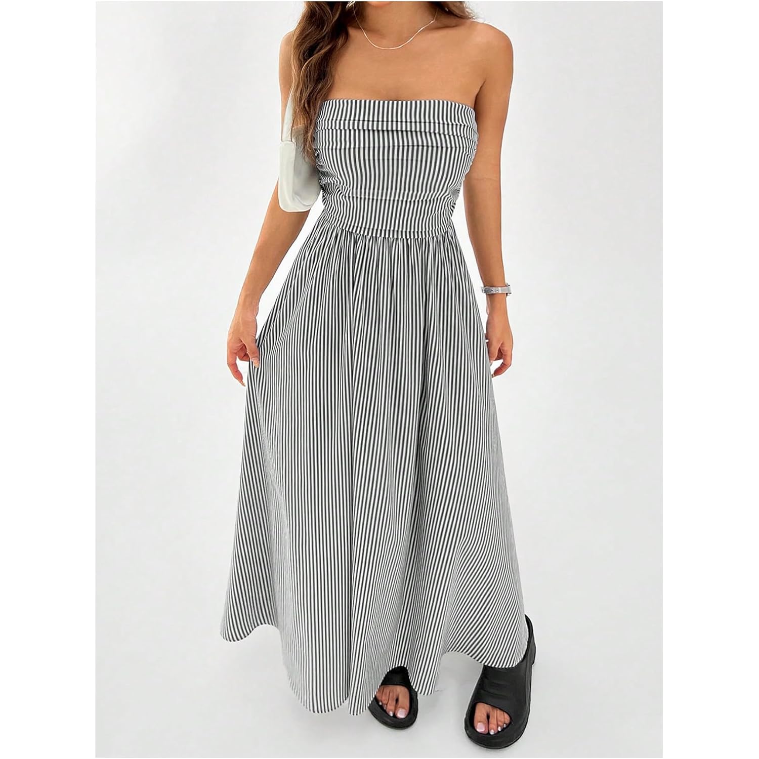 Milumia Women'S Striped Strapless Maxi Dress Summer Casual Tube Top Long Dresses With Pocket