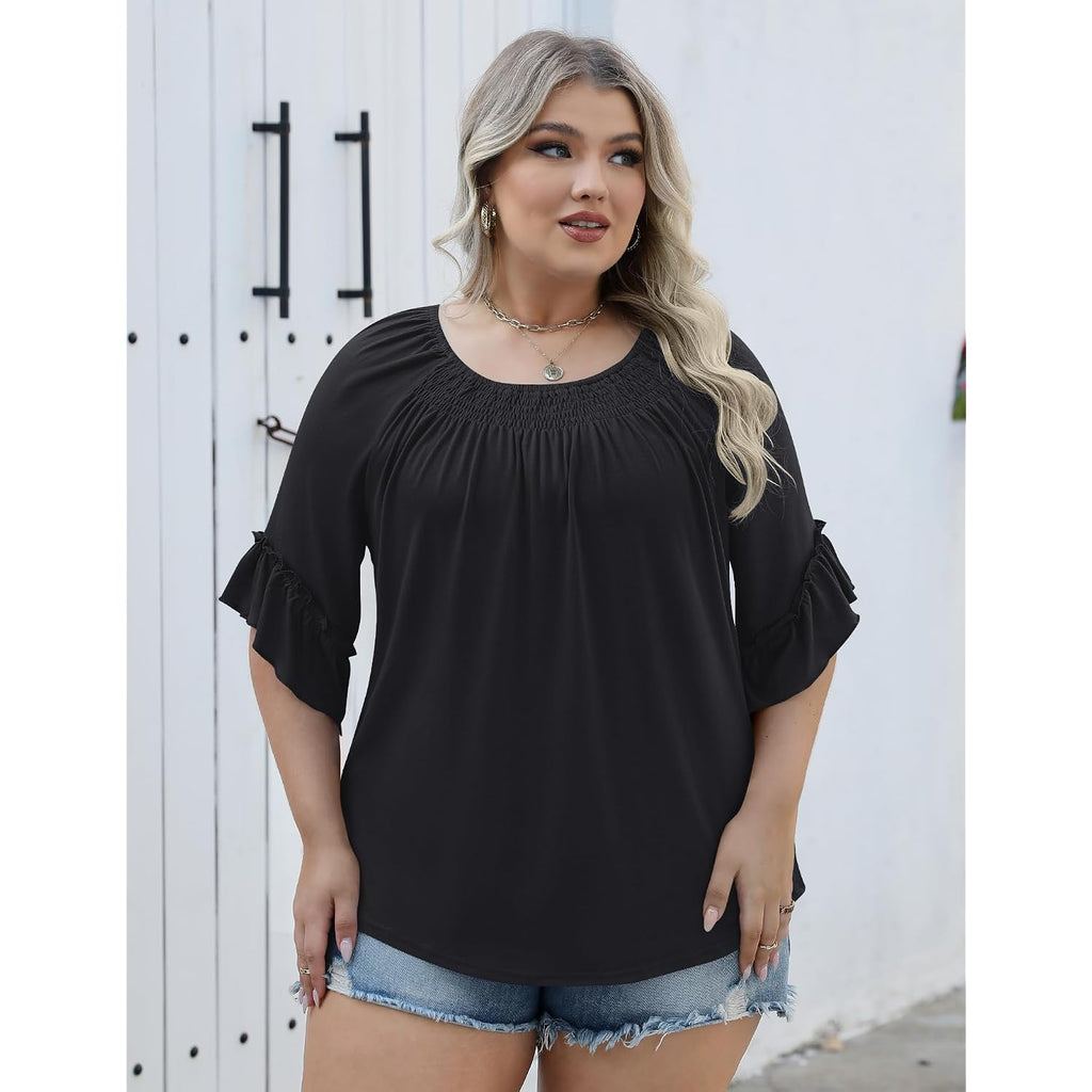 Micoson Womens Plus Size Tops 3/4 Ruffle Sleeve Shirts Crewneck Pleated Blouses Dressy Casual Fashion Tunic Top (1X-5X)