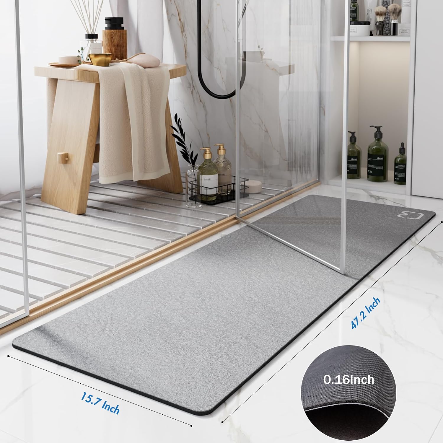Bathroom Runner Mat Rugs Long Diatomite Stone Bath Mat Large Super Absorbent Diatomaceous Earth Bath Mat Non Slip Rubber Backed Fast Dry Shower Mat Thin Bathroom Rugs Floor Mat,15.7"X47.2",Grey