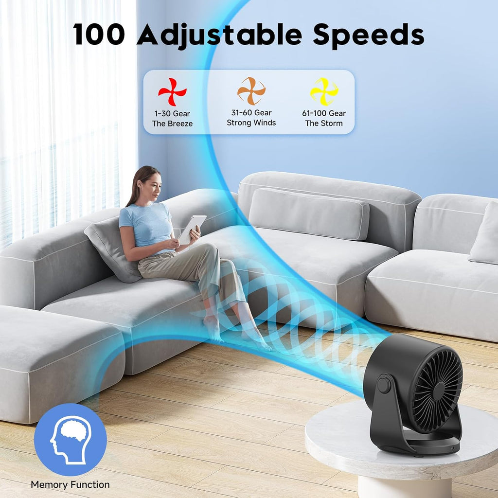 Desk Fan, Turbo Table Fan For Bedroom, 100-Speed Digital Display, Low Noise, 105° Adjustable Tilt, 7.5-Inch, Rechargeable Battery, Wall-Mouted Design For Home, Office, Travel Dark Black