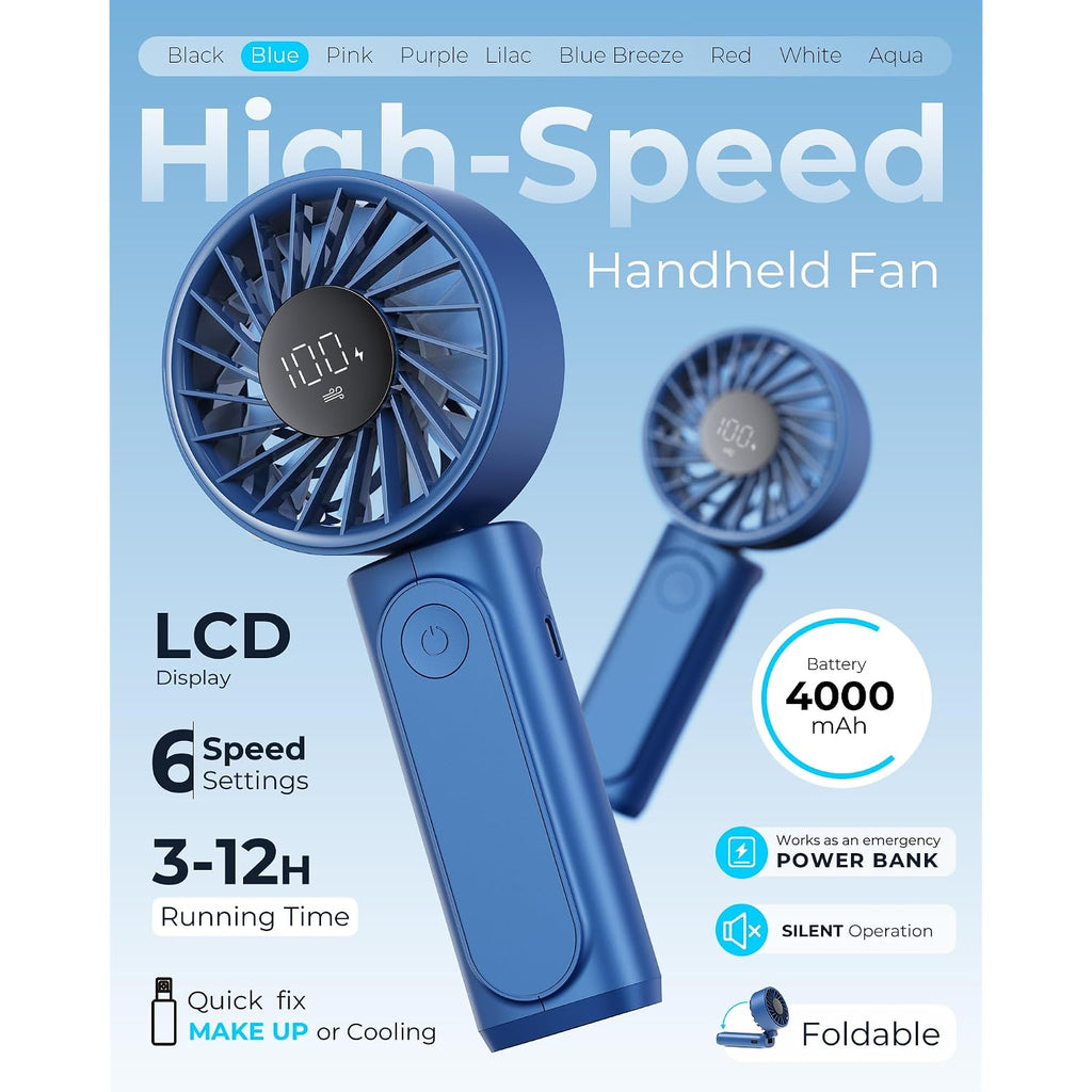 Handheld Fan, Portable Fan, 4000Mah Rechargeable Personal Fan, 180° Foldable Mini Desk Fan With 6 Wind Speed, Lcd Digital Display, Lanyard As Neck Fan, Ultra Quiet, Pocket Size For Indoor Outdoor