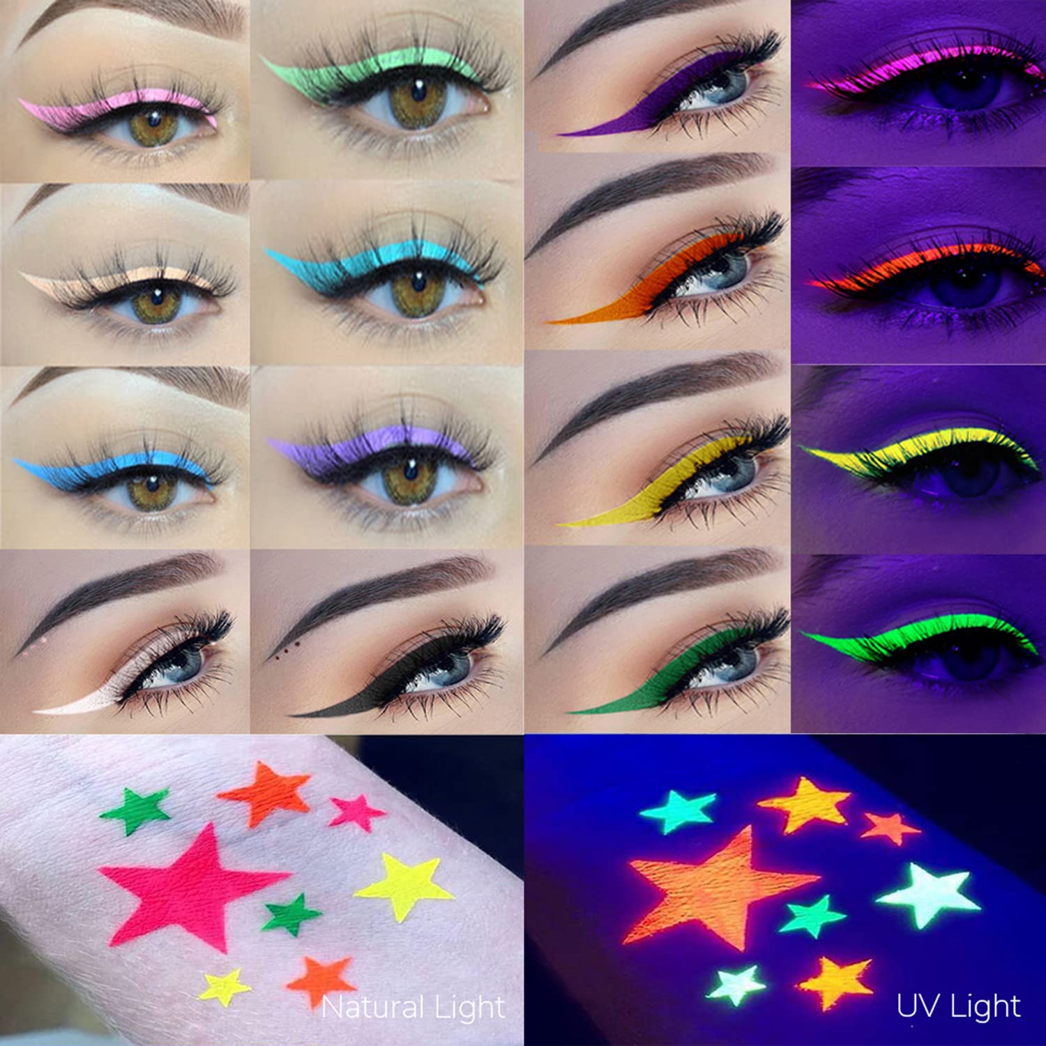 Water Activated UV Eyeliner Palette – 14 Color Neon Graphic Liner Makeup, Fluorescent Glow Blacklight Reactive Face & Body Paint for Rave, Festival, Halloween & Cosplay