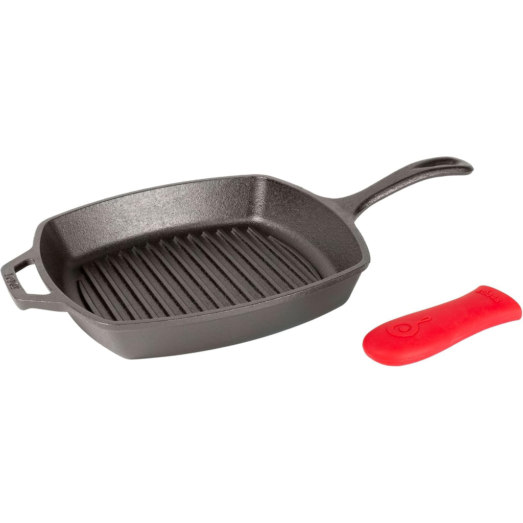 Lodge Square Cast Iron Grill Pan 10.5 Inches - Pre-Seasoned Square Skillet - Ridged Burger Grill Pan - Even Heat Distribution - Pfas-Free Non-Toxic Cookware