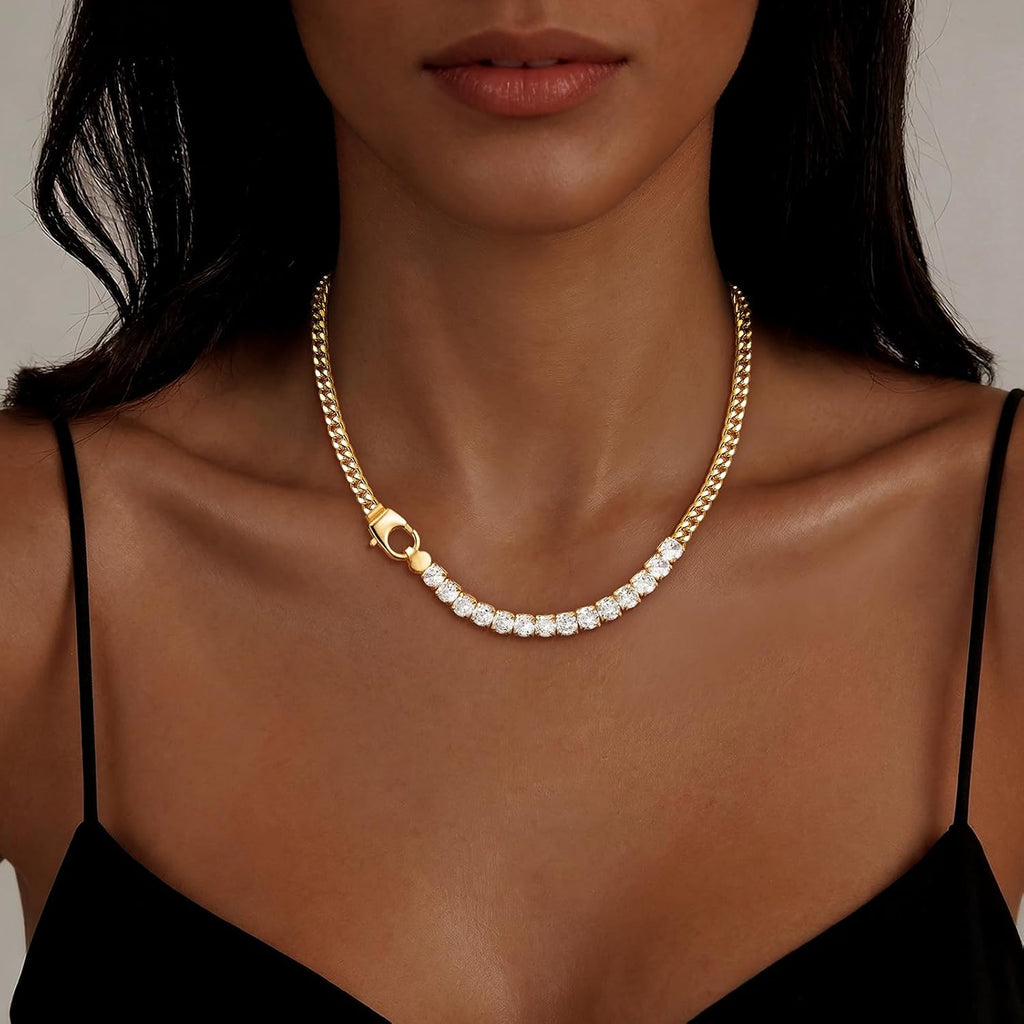 IMBOS 14K Gold Plated Chunky Chain Choker Necklaces for Women Chunky Gold Necklace Tennis Necklace for Women CZ Love Chain Cuban Link Choker Jewelry Gifts