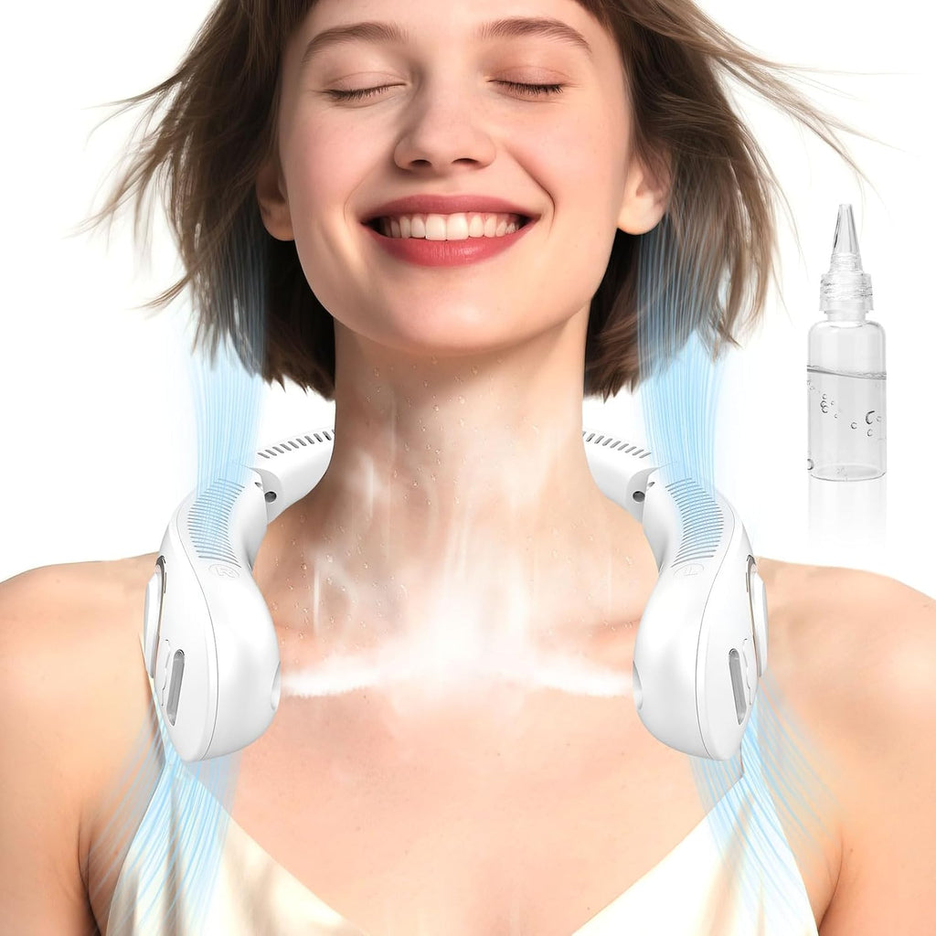 Portable Neck Fans With Mist, Rechargeable 4-9H Lasting Neck Cooling That Blow Cold Air, 5 Speeds & Led Display, Usb-C Bladeless Folding Personal Mister For Kid Adult Indoor Outdoors Sports, White