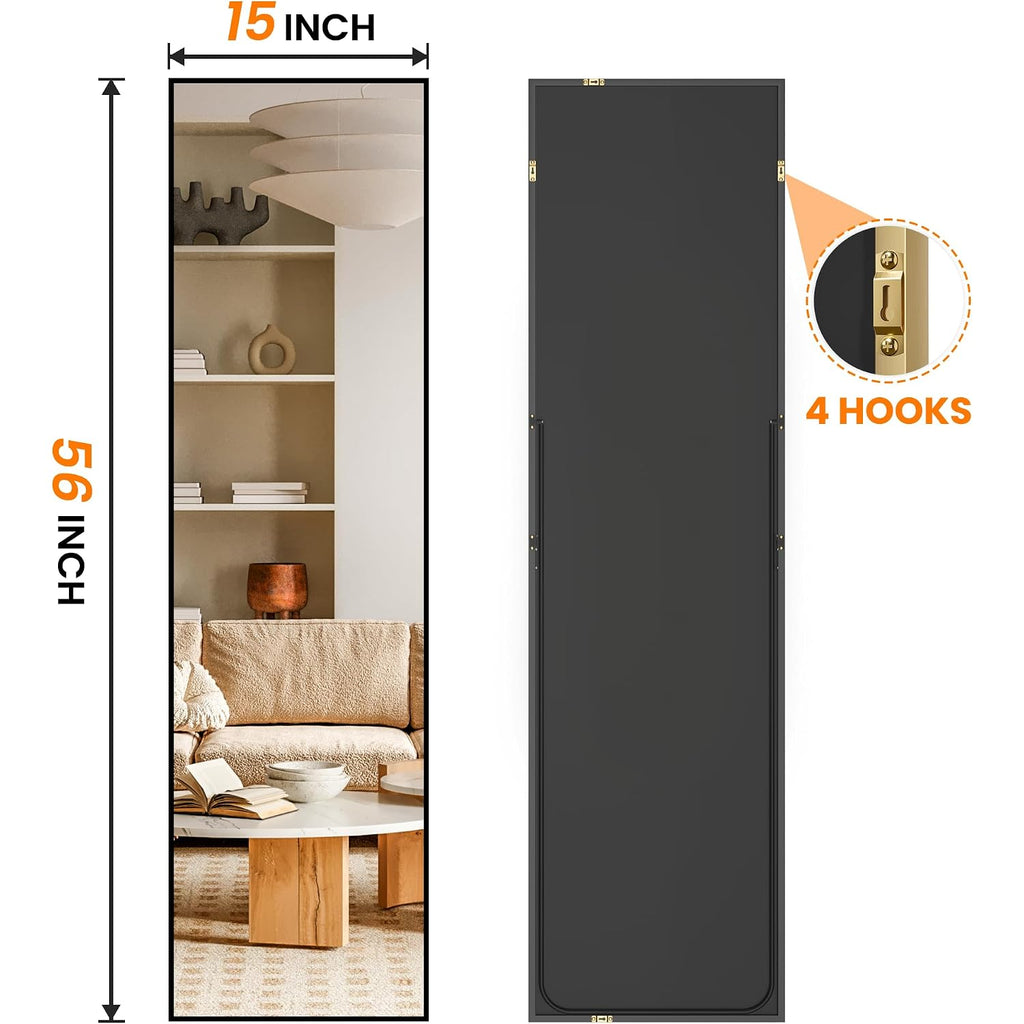 Full Length Floor Mirror 56"X15", Standing Mirror With Aluminum Frame, Large Body Mirror For Bedroom, Living Room And Bathroom, Black