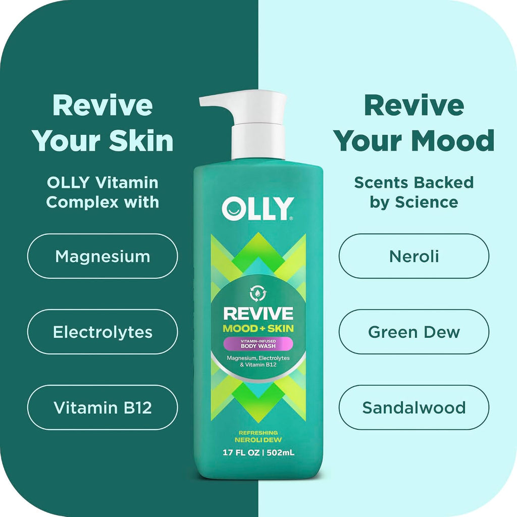 Olly Revive Body Wash With Magnesium, Electrolytes & Vitamin B12– Nourishing Cleanser For Skin Barrier Repair, Deep Hydration, Refreshing Nerolidew Scent, 17 Oz