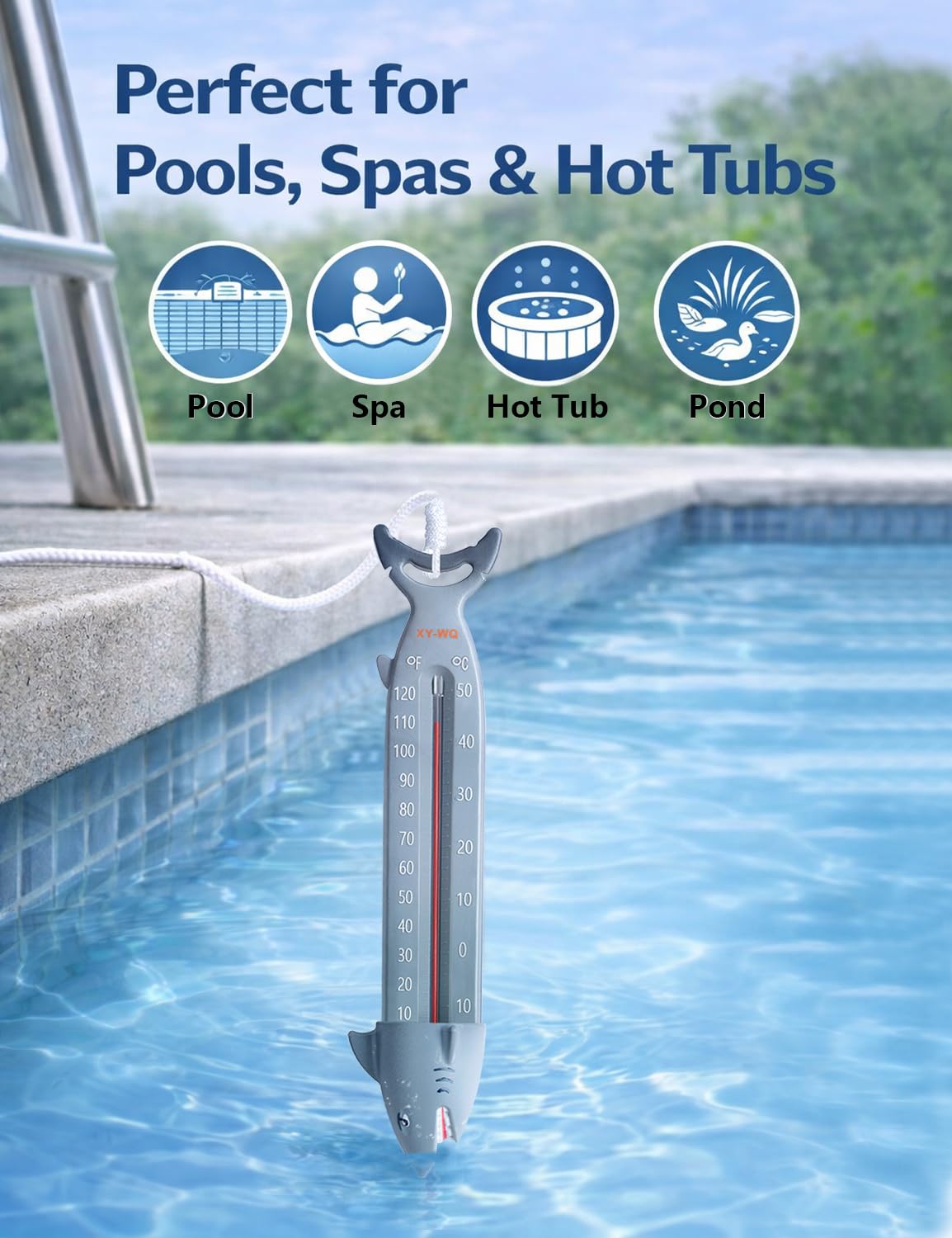 Xy-Wq 10" Large Shark Pool Thermometer – Jumbo Easy-Read Pool Water Thermometer With Fully Sinking Design For Accurate Readings, Tether Included For Swimming Pool, Spa, Hot Tub & Pond