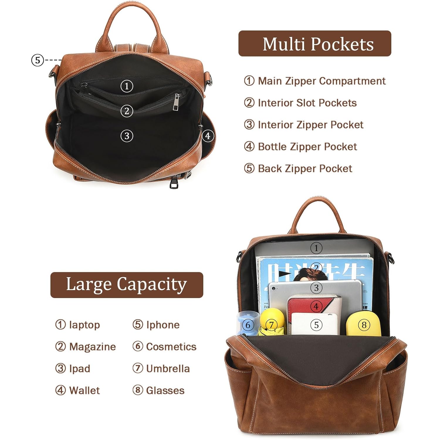 AGLOD Leather Backpack Purse for Women Designer Ladies Shoulder Bag Fashion Faux Work Travel Handbags