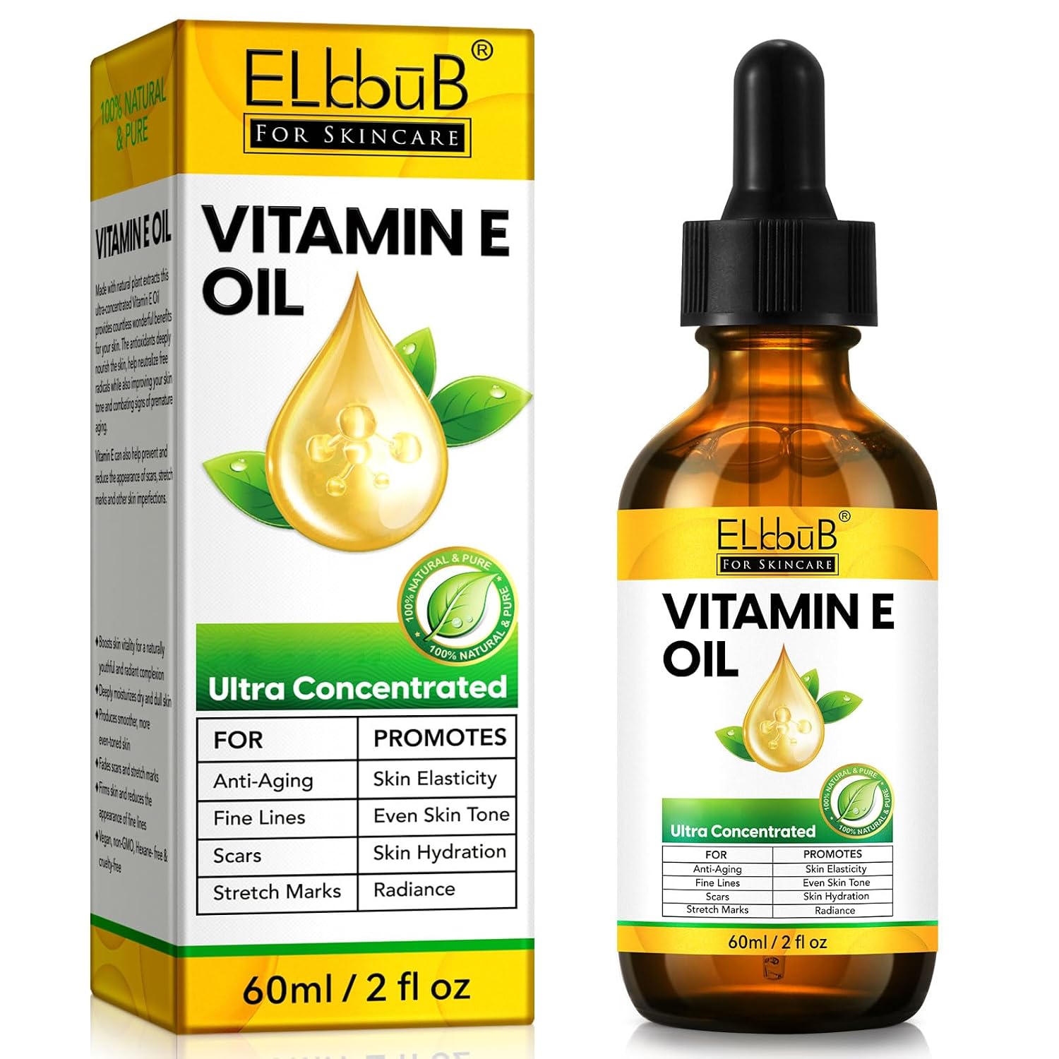 Elbbub Premium Vitamin E Oil - Ultra Concentrated - Moisturizes, Improves Appearance Of Scars & Stretch Marks, Skin Hydration - For Face, Body, Hair, And Nails