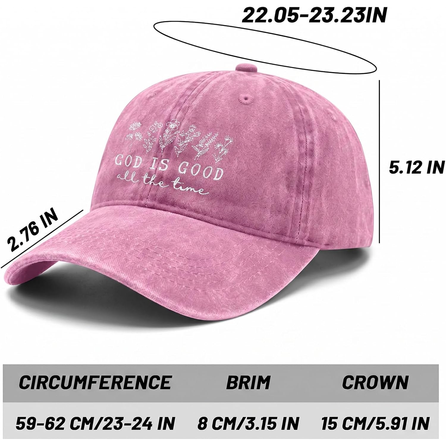 God is Good Christian Jesus Hats for Women Faith Religous Hat Adjustable Embroidered Vintage Washed Baseball Caps Pink
