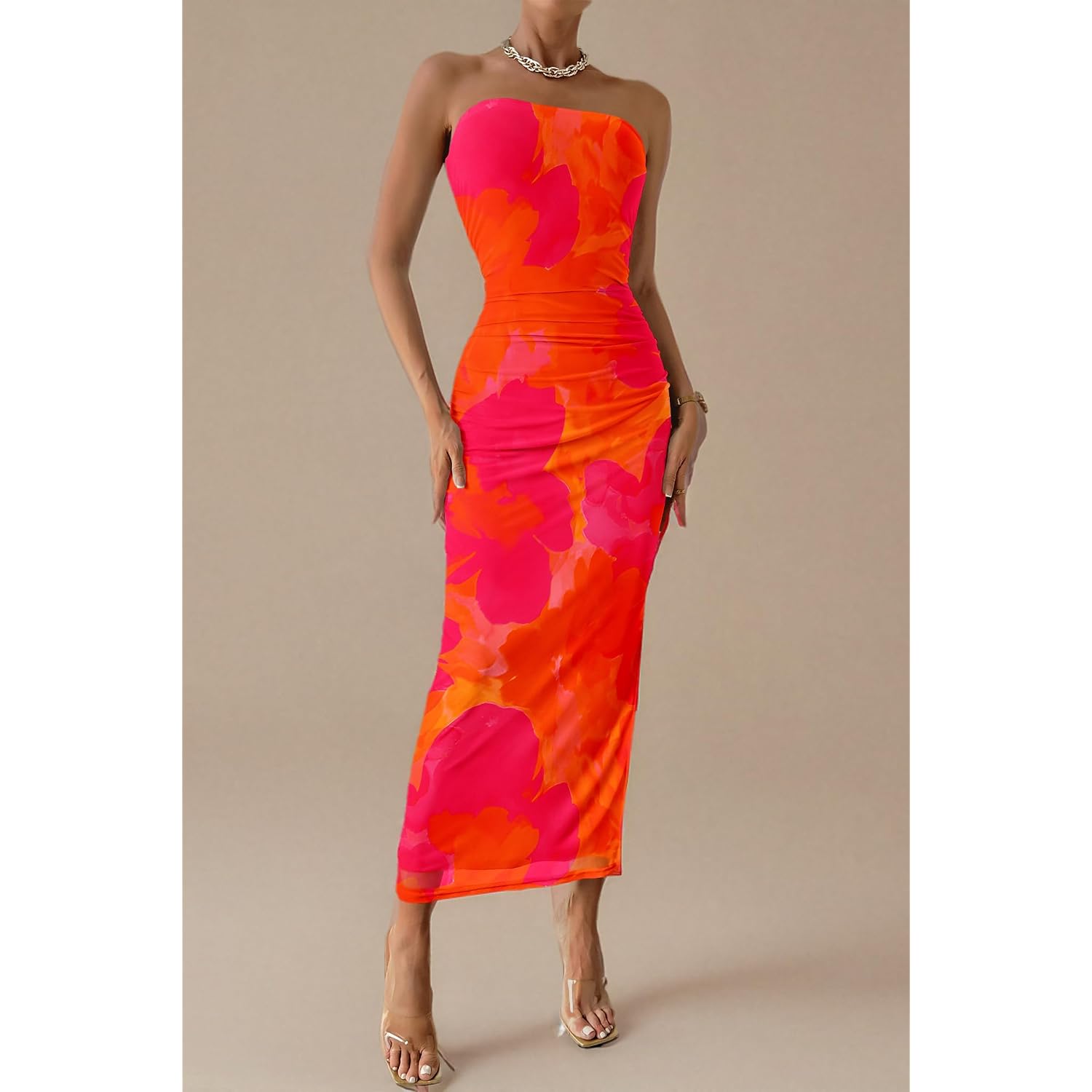 Prettygarden Women'S Summer Wedding Guest Dress Strapless Tube Top Maxi Bodycon Long Floral Mesh Beach Vacation Party Dresses