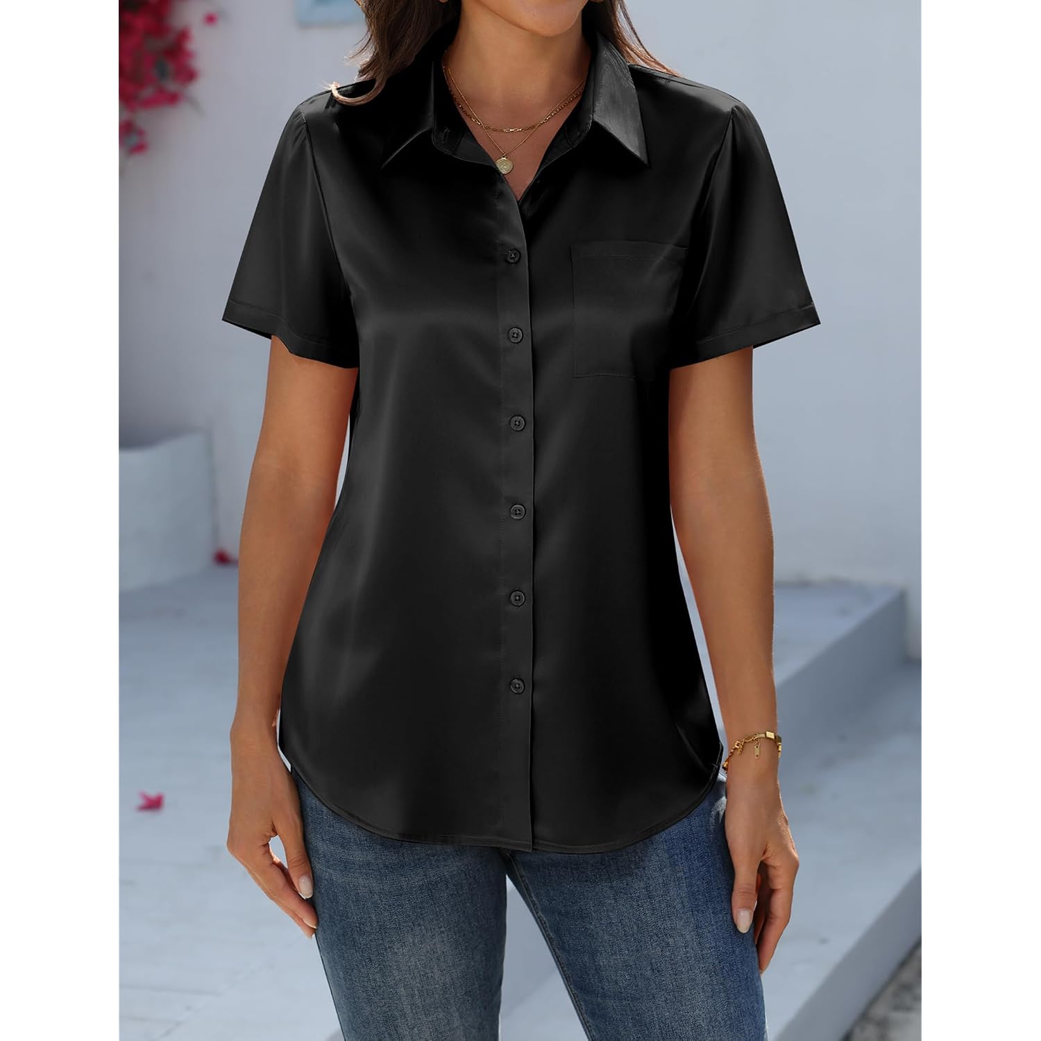 Zeagoo Satin Blouses For Women Silk Button Down Shirts Short Sleeve Business Casual Tops