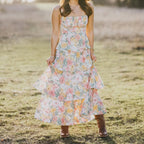 Abyovrt Women Floral Maxi Dress Sleeveless Bow Back Tiered Boho Flowy Long Dresses Summer Fall