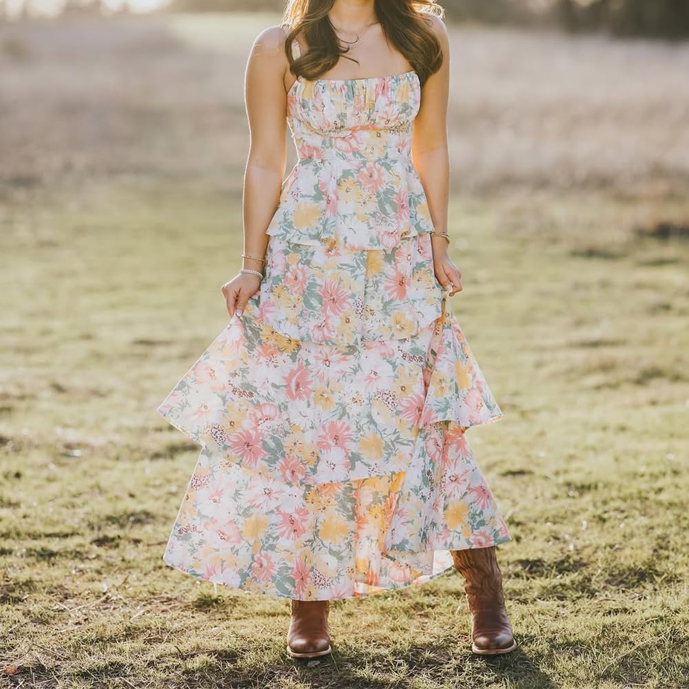 Abyovrt Women Floral Maxi Dress Sleeveless Bow Back Tiered Boho Flowy Long Dresses Summer Fall