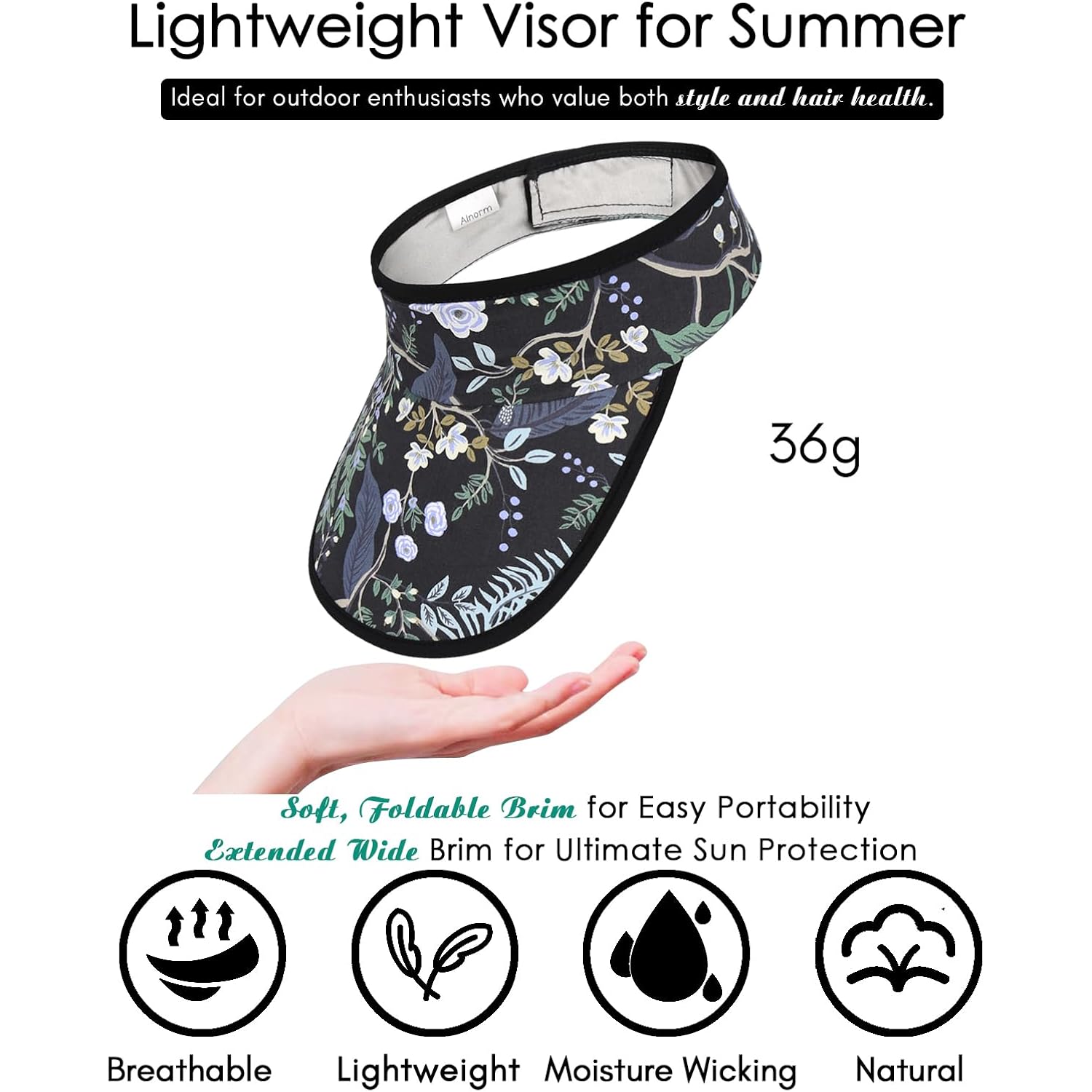 Alnorm Satin Lined Visor with Velcro for Summer UV Protection Sun Hat for Outdoors