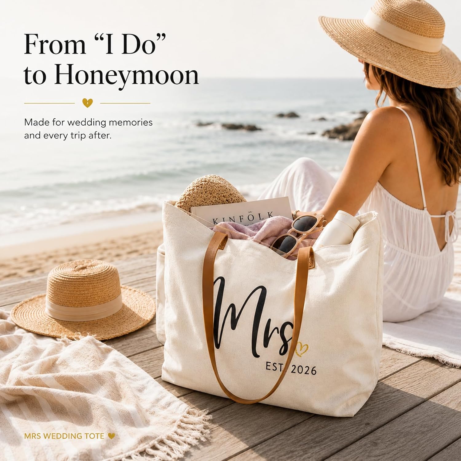 Elegantpark Mrs Gifts For Bride 2026 - Large Canvas Wedding Tote Bag With Zipper, Bridal Shower Gift For Bride To Be, Bachelorette Party Honeymoon Beach Bag