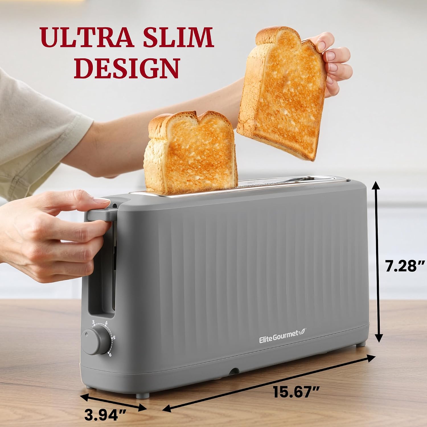 Elite Gourmet Ect2517G Slimtoast™ 2-Slice Long Slot Toaster, Cool-Touch Body, 6 Browning Shades, Extra-Wide 1.5" Slot For Artisan Bread, Bagels, Waffles & English Muffins, Grey