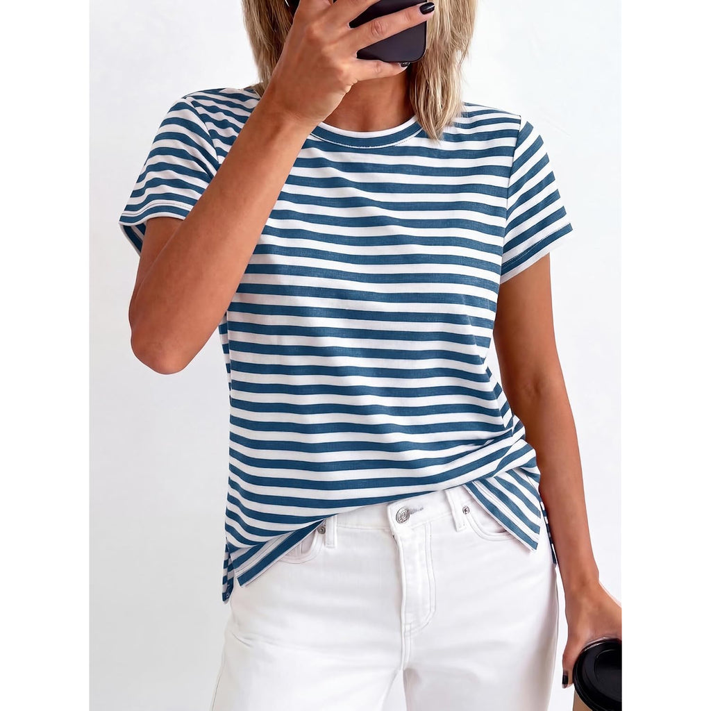 Btfbm Tops For Women Trendy Summer 2026 Crew Neck Short Sleeve T Shirts Striped Casual Vacation Blouse Basic Tee