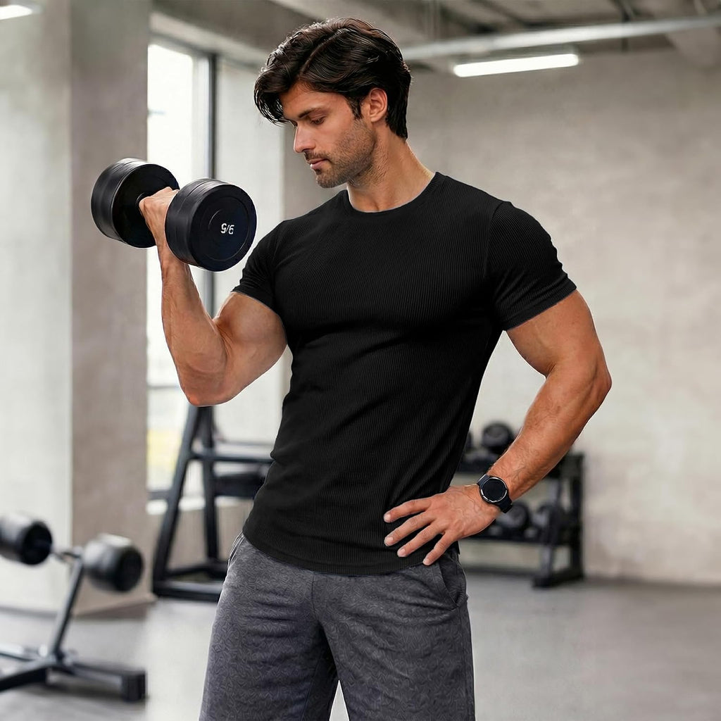 Jmierr Mens Short Sleeve T Shirt Summer Muscle Slim Fitted Crewneck Longline Tees Shirts For Gym Workout