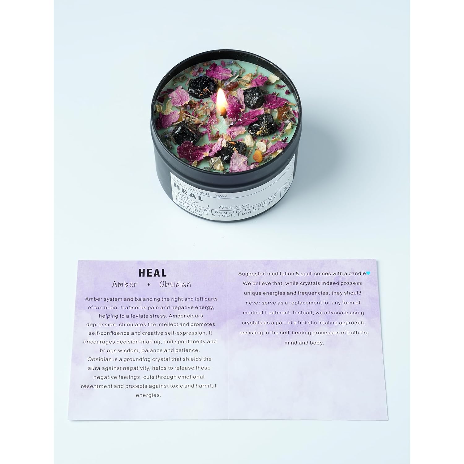 Obsidian Crystal Energy Candle, Good Aura Health Protection, Baltic Amber Chakra Magic Self-Care, Emotional Support, Encouragement and Affirmation Gift.(HEAL)