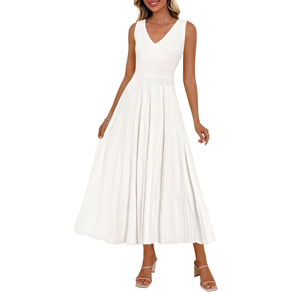 Prettygarden Summer Dresses For Women 2026 Spring Casual Sleeveless V Neck Pleated Midi Work Cocktail Wedding Guest Dress