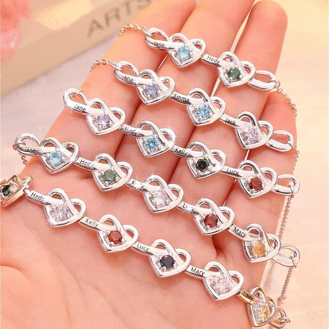 Nameinhea Personalized Name Birthstone Bracelet for Women – Mothers Bracelet with Birthstones, Mother's Day, Christmas, Birthday Gifts for Mom Grandma Wife