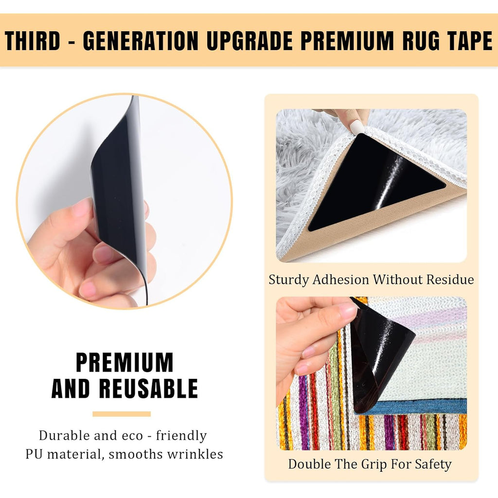 12Pcs Rug Tape, Premium Carpet Tape, Non-Slip Rug Tape for Rugs, No Residue Keep Rugs Flat for Hardwood Floors & Tiles (Black)