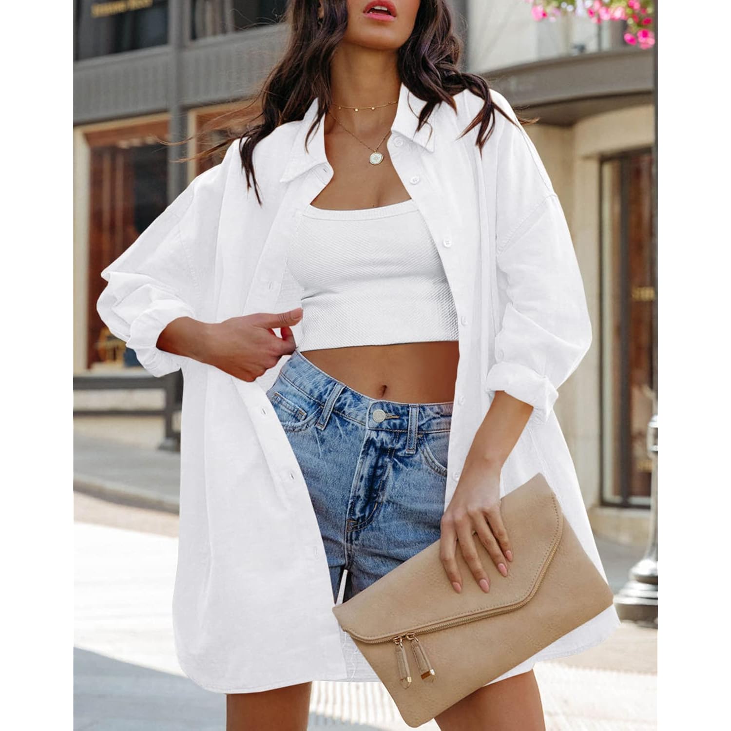Womens Oversized Button Down Shirts Casual Loose Long Sleeve Solid Lapel Long Blouses Tops with Pockets