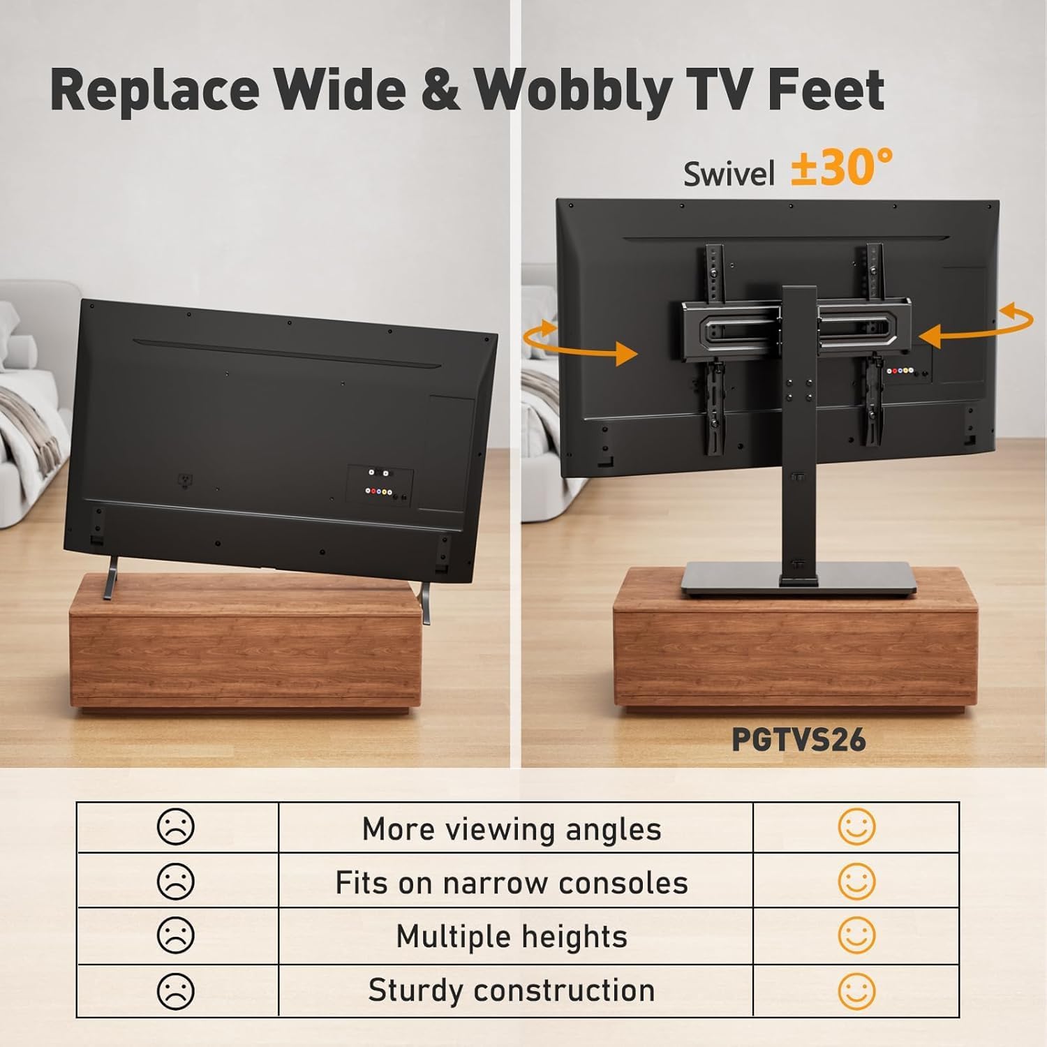 Perlegear Universal Swivel TV Stand Base for 32–70 inch TVs, Height Adjustable Table Top TV Stand Mount with Tilt, Tempered Glass Base, Holds up to 88 lbs
