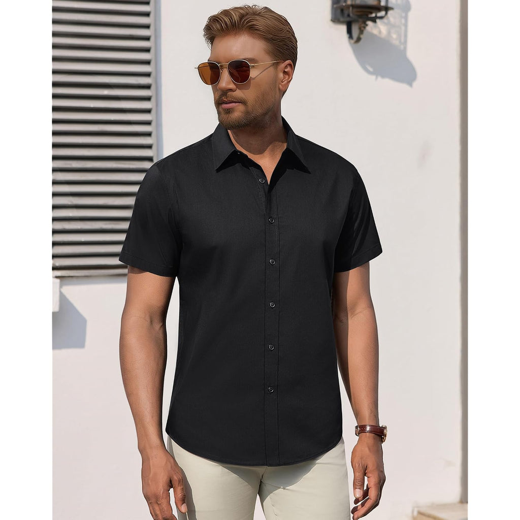 Men'S Short Sleeve Dress Shirts Stretch Stain Shield Business Casual Button Down Shirts Solid Formal Wedding Tops