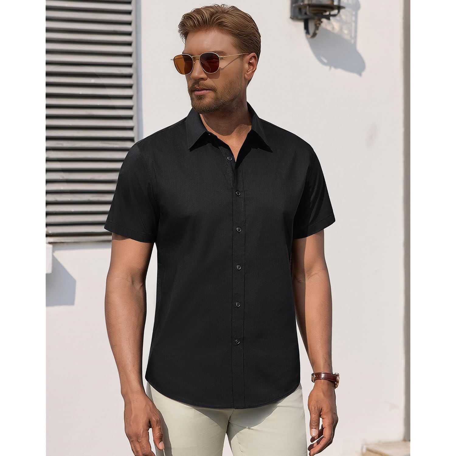 Men'S Short Sleeve Dress Shirts Stretch Stain Shield Business Casual Button Down Shirts Solid Formal Wedding Tops