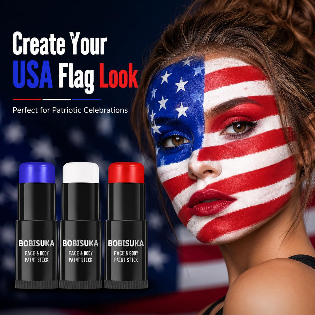 Bobisuka Red White Blue Face Paint Stick Kit, Eye Black Sticks For Football Baseball Softball Lacrosse American-Flag, Body Paints Makeup Kit For Halloween Cosplay Special Effects Costume Sfx