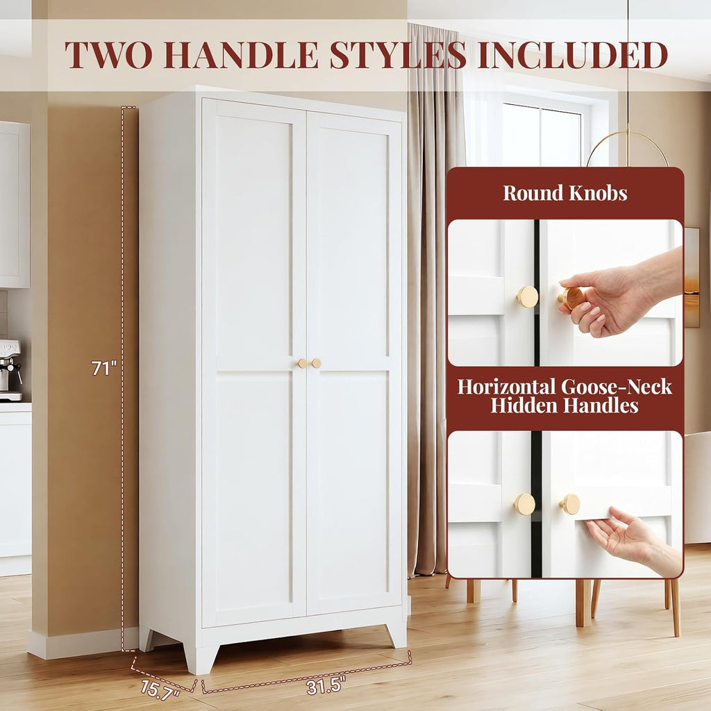 71" Metal Kitchen Pantry Cabinet With Dual Handles & Adjustable Legs, Freestanding Storage Cabinet With Doors And 4 Adjustable Shelves, Tall Food Pantry For Kitchen Dining Room, White