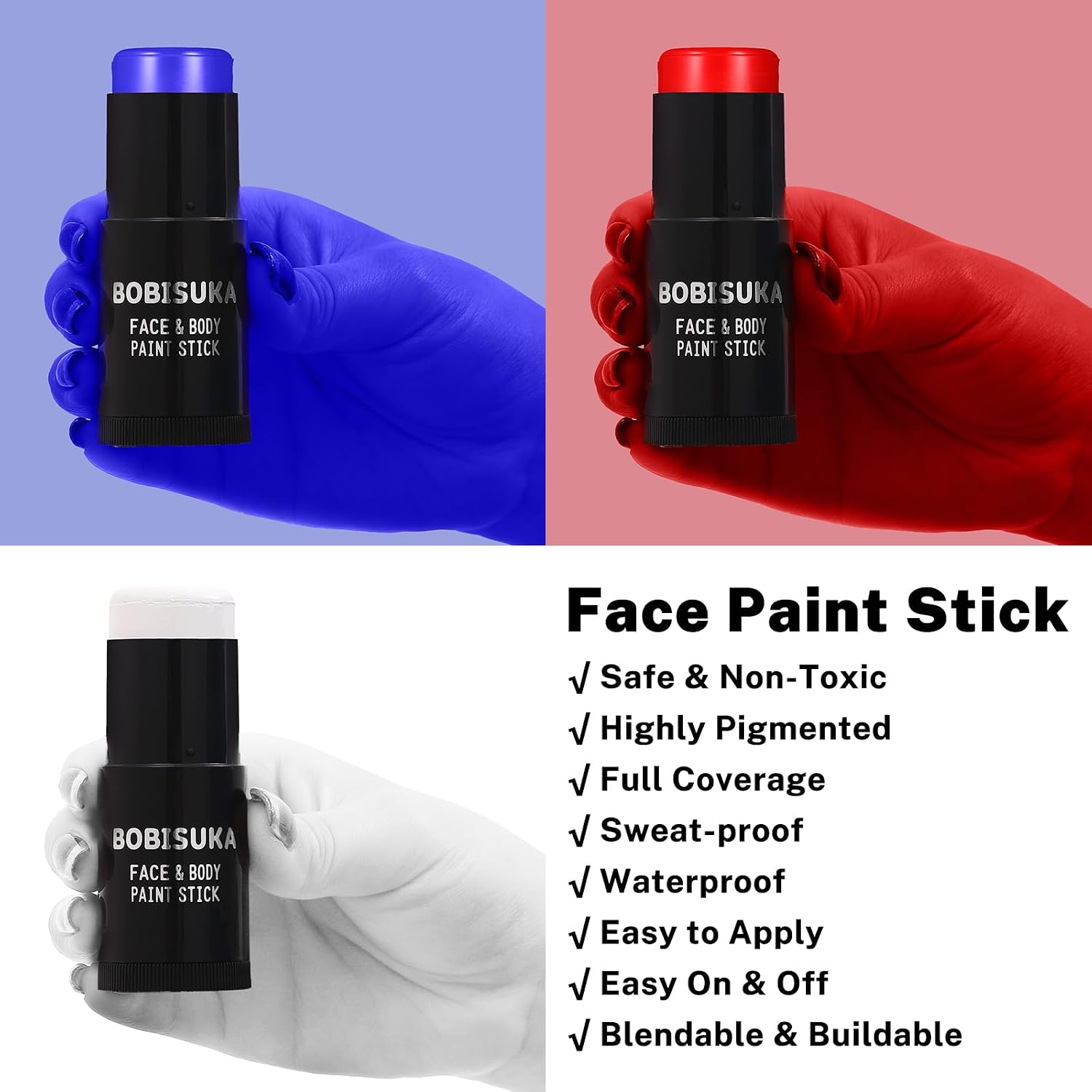 Bobisuka Red White Blue Face Paint Stick Kit, Eye Black Sticks For Football Baseball Softball Lacrosse American-Flag, Body Paints Makeup Kit For Halloween Cosplay Special Effects Costume Sfx